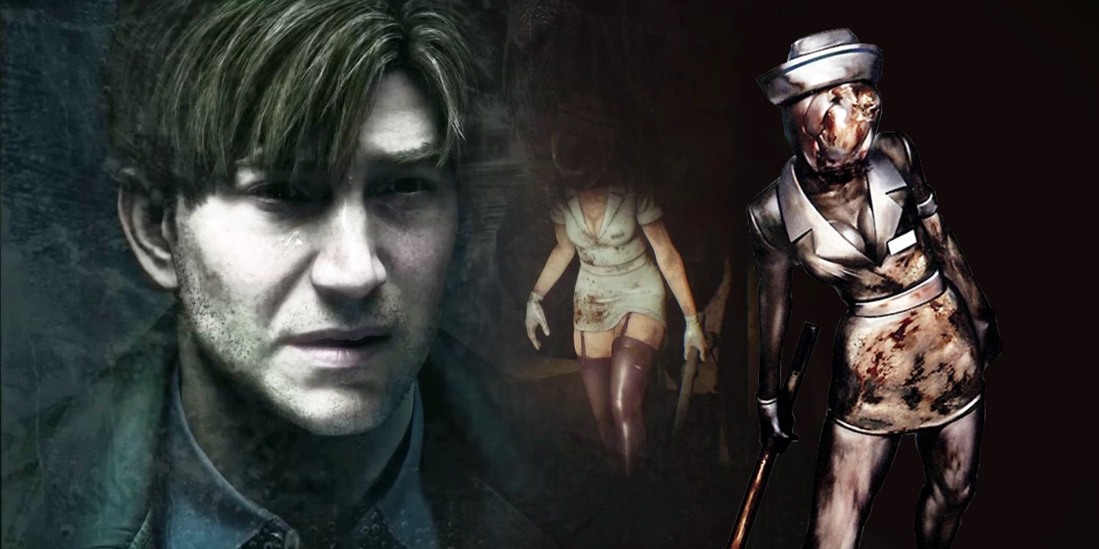 A sad-looking James Sunderland and two nurses in screenshots from the Silent Hill 2 Remake trailer.