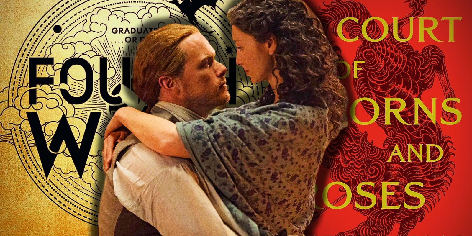 This custom image shows Jamie and Claire from Outlander in front of the ACOTAR and Fourth Wing book covers.