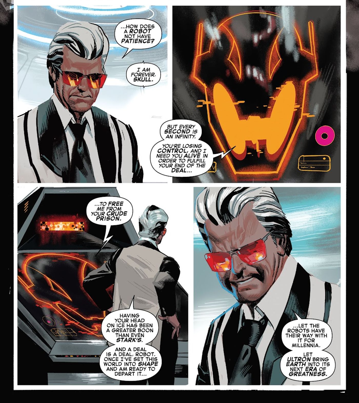 Vingadores: Crepúsculo #2, Jarvis e Ultron discutem deixar Ultron assumir. 