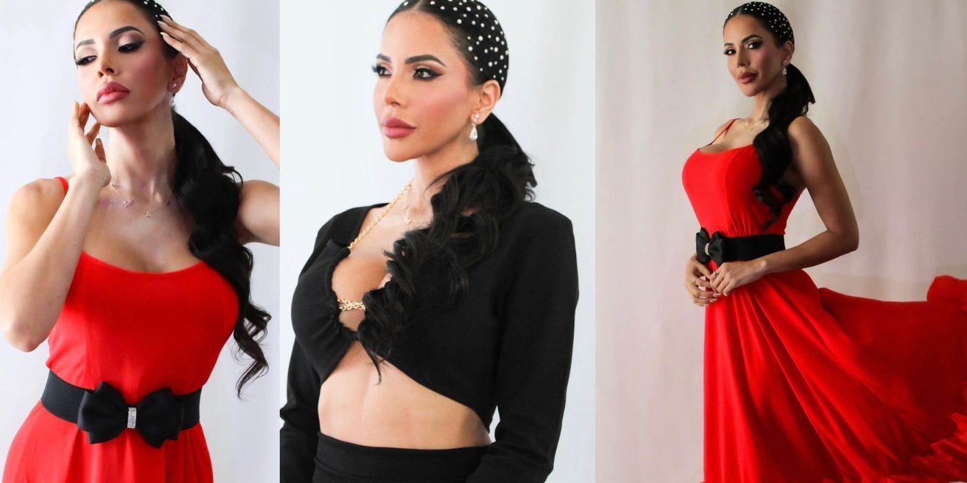 Jasmine Pineda In 90 Day Fiance wearing red dress and black outfit for photoshoot