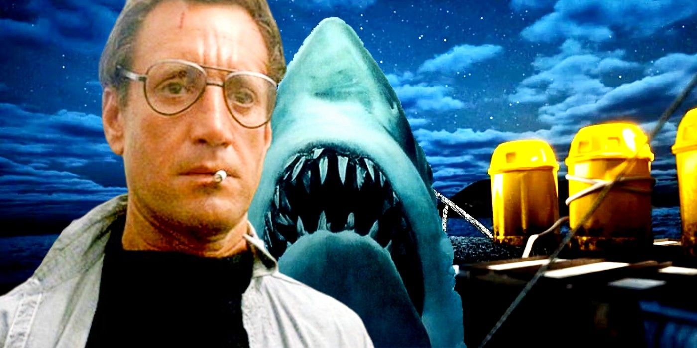 Martin Brody from Jaws with Bruce from the Jaws cover behind him and the dark ocean in the background.