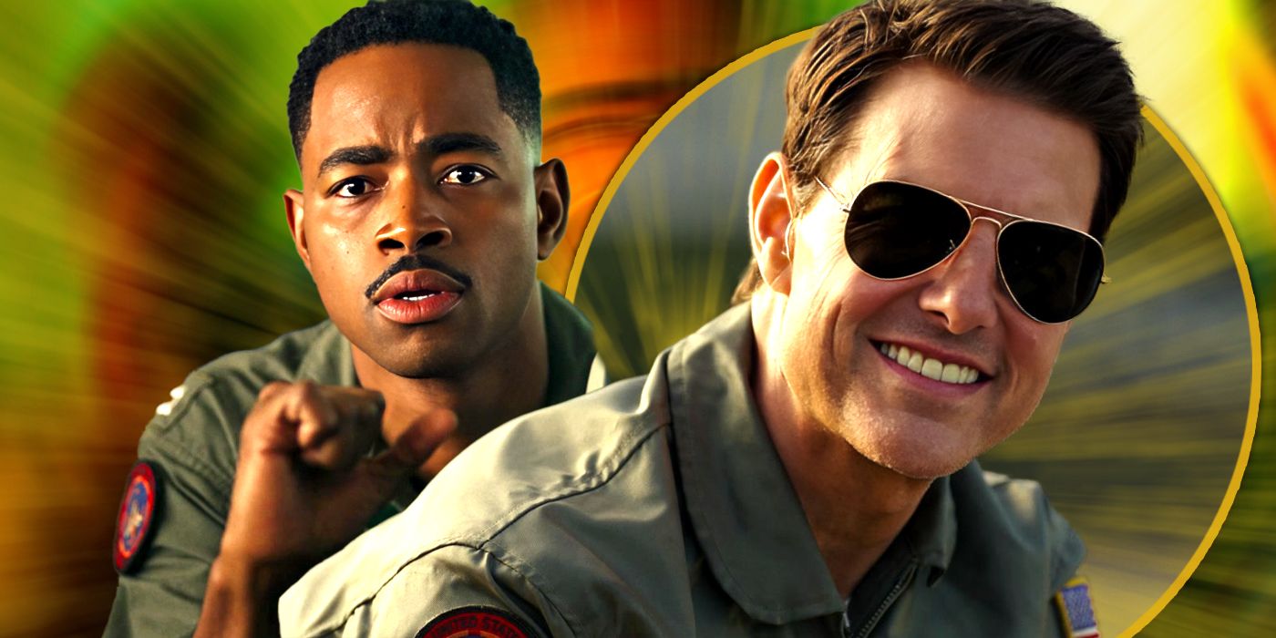 Jay Ellis as Payback and Tom Cruise as Maverick smiling in Top Gun Maverick Exclusive header