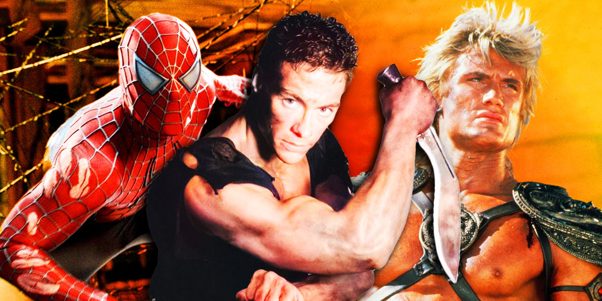 Jean-Claude Van Damme in Cyborg as the central focus, with Spider-Man and He-Man