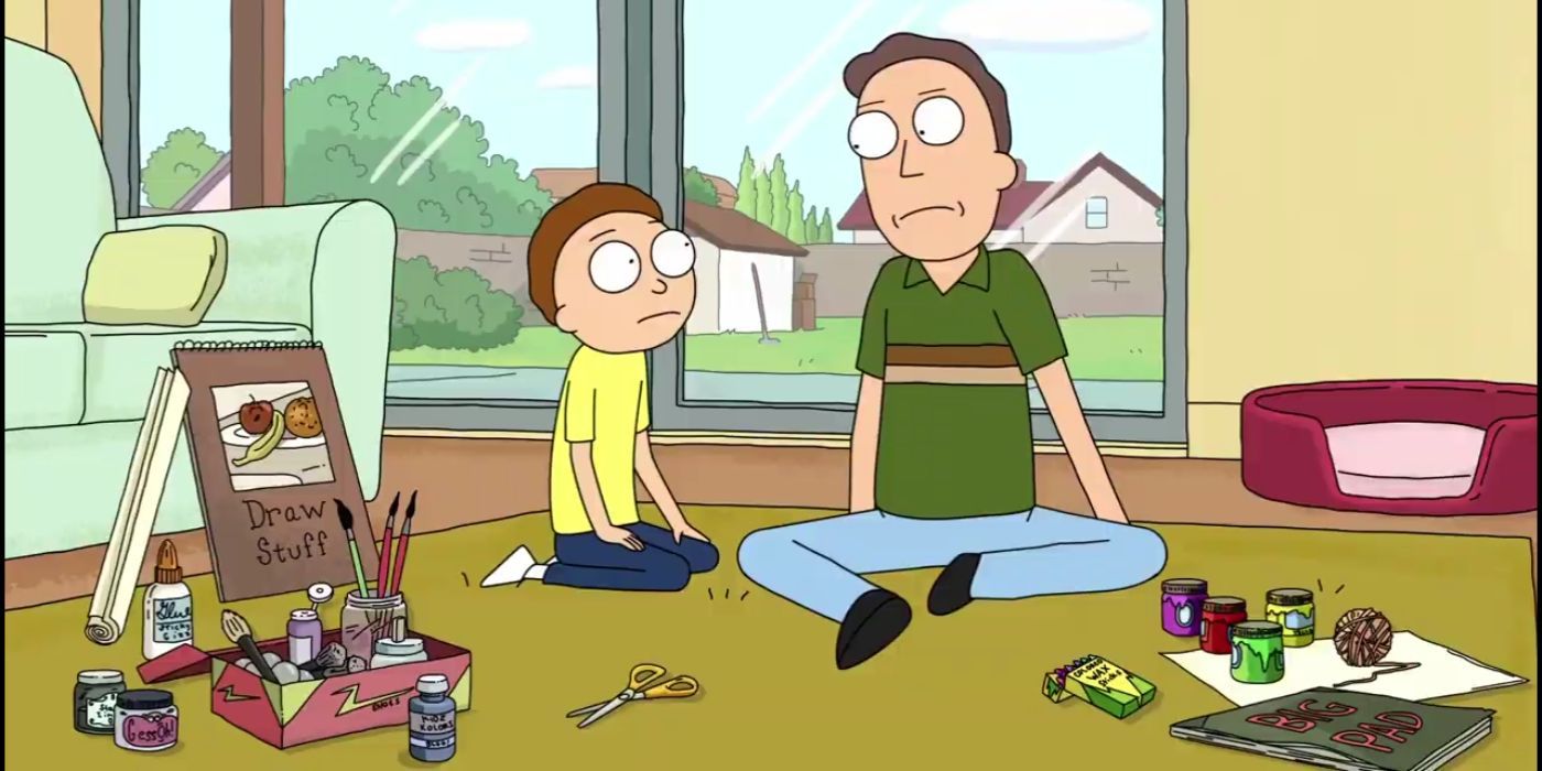 Jerry and Morty sittng on the floor surround by art supplies in Rick and Morty