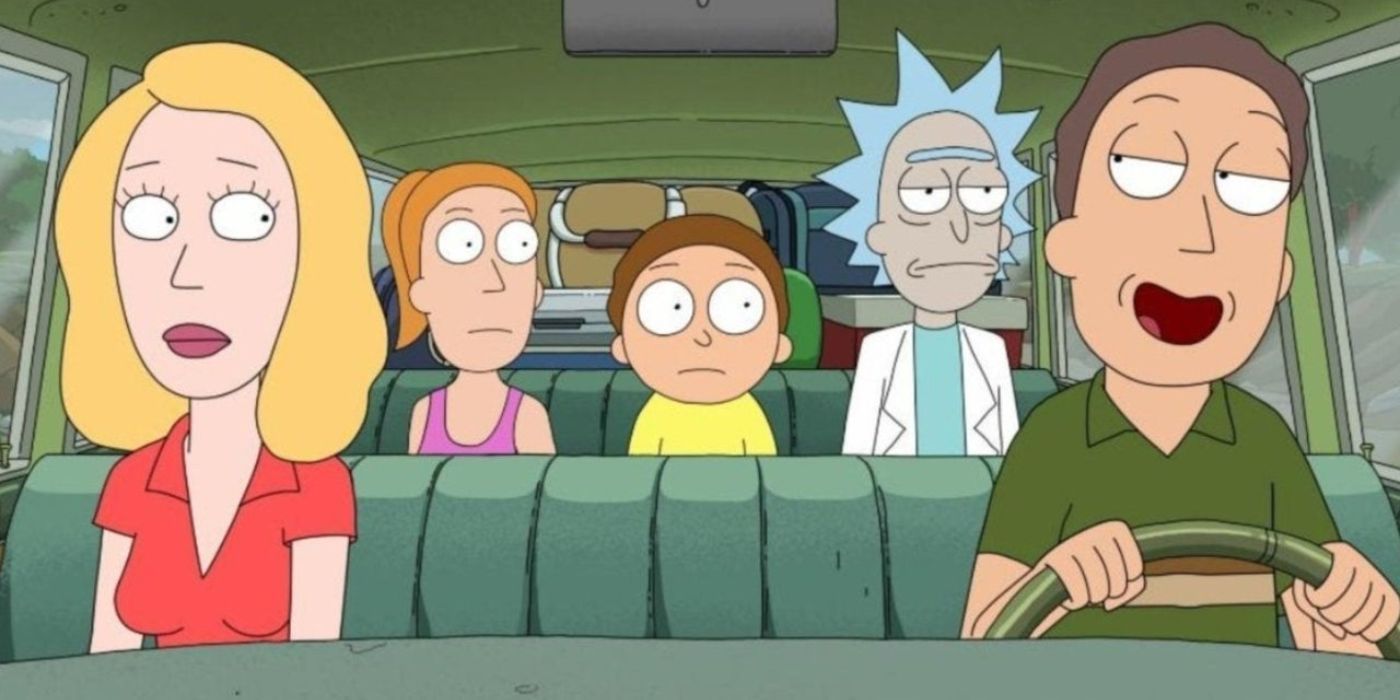 Jerry dirigindo Rick, Morty e Beth em Rick e Morty