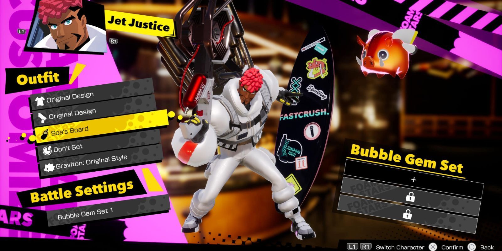 Jet Justice character selection screen in Foamstars