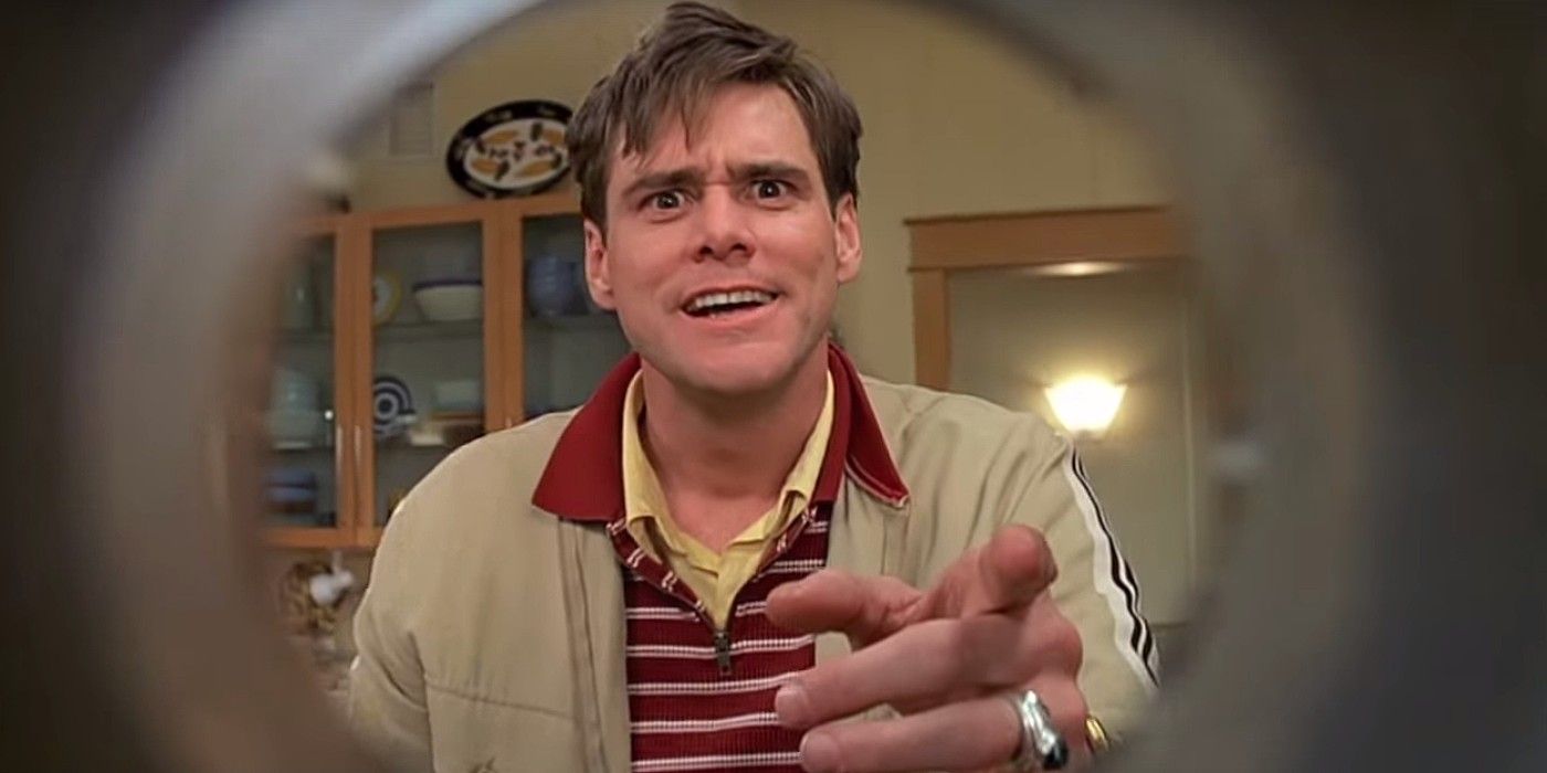 Jim Carrey looking and looking in the camera in The Truman Show
