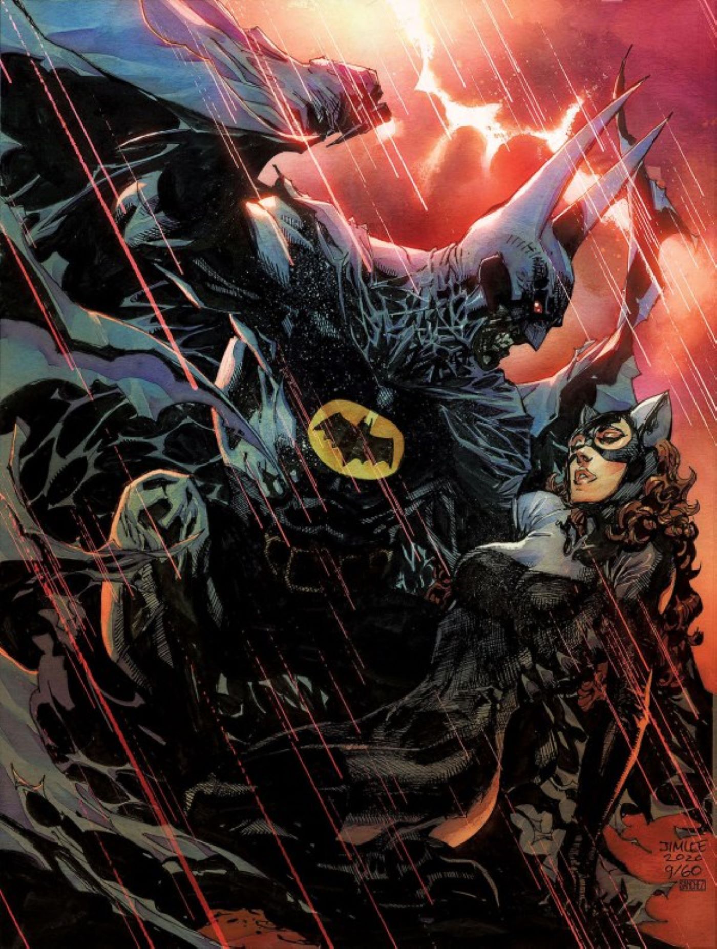Jim Lee Catwoman # 64 capa variante com o monstro Batman e desmaiou Selina Kyle.