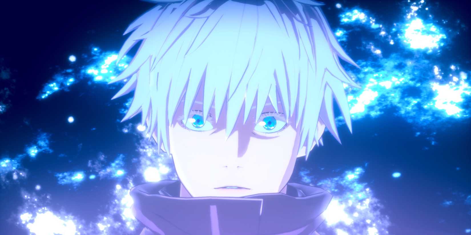 Screenshot from Jujutsu Kaisen Curshed Clash shows Gojo without his headband exposing his vibrant blue eyes with a ethereal blue background.