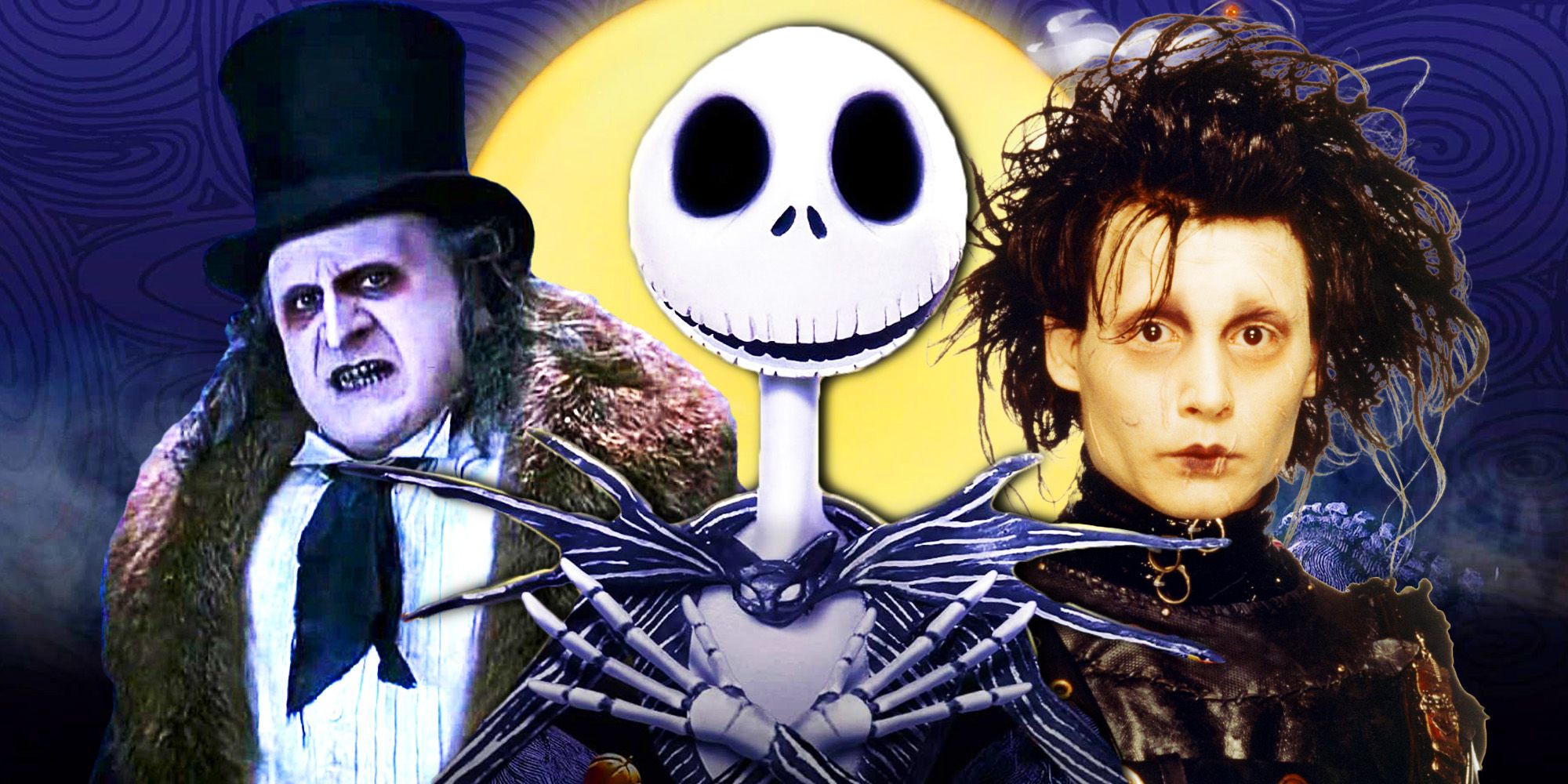Johnny Depp as Edward Scissorhands, Jack Skellington from Nightmare Before Christmas and Danny DeVito as Penguin from Batman Returns
