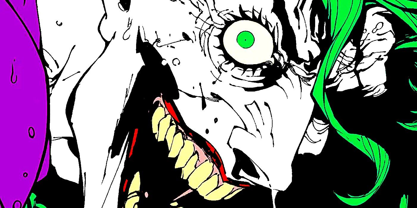 Comic book art: a close up of the Joker laughing maniacally with wide eyes.