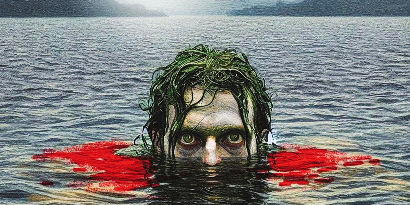 Joker emerges head first from the water. His hair is bedraggled, his eyes are sunken, and the water around his head turns red as he rises. The entire image is very unearthly and eerie.