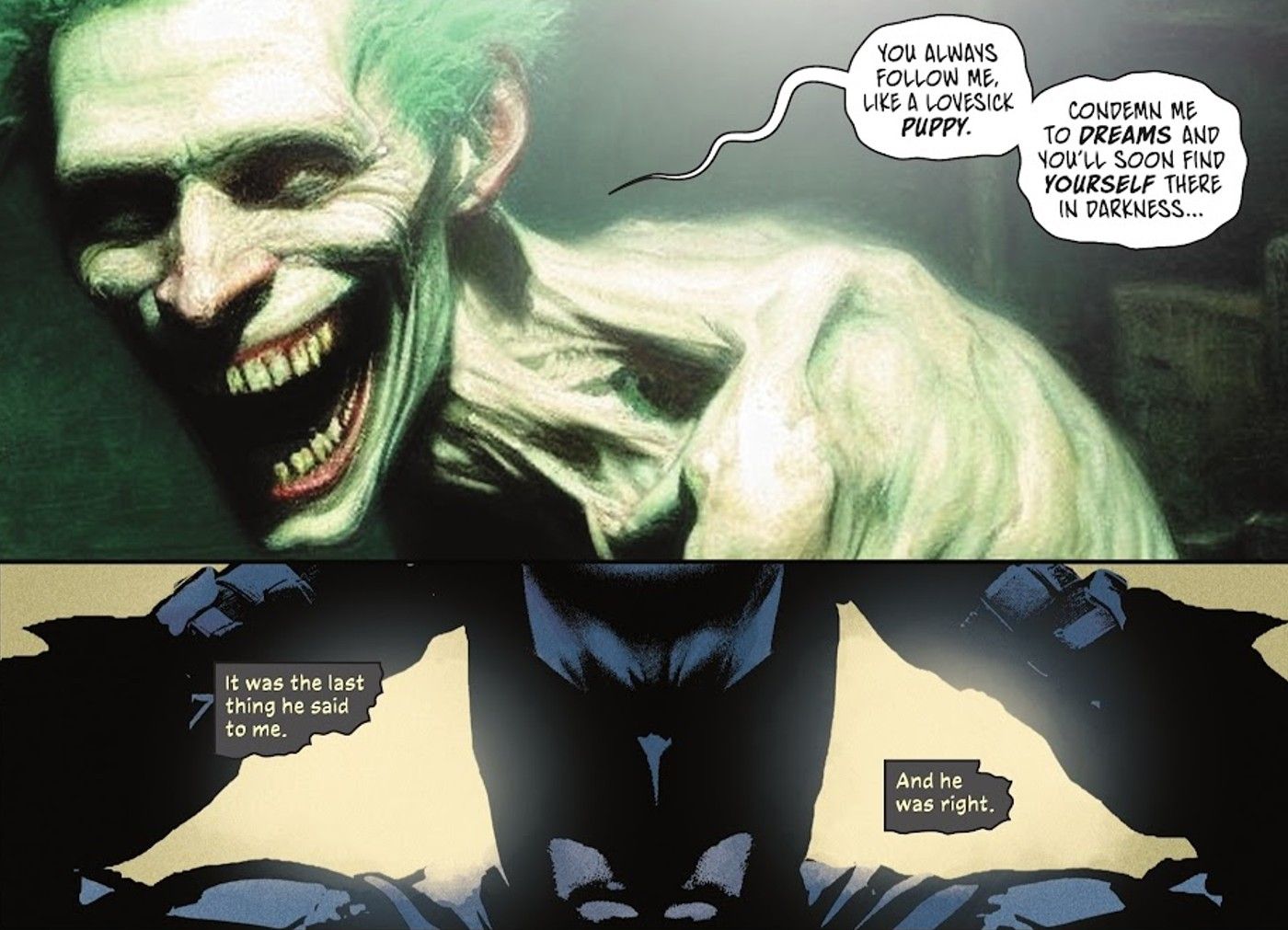 Comic book panels: the Joker grinning and Batman adjusting his mask.