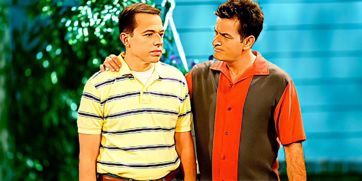 Jon Cryer looking upset with Charlie Sheen in Two and a Half Men