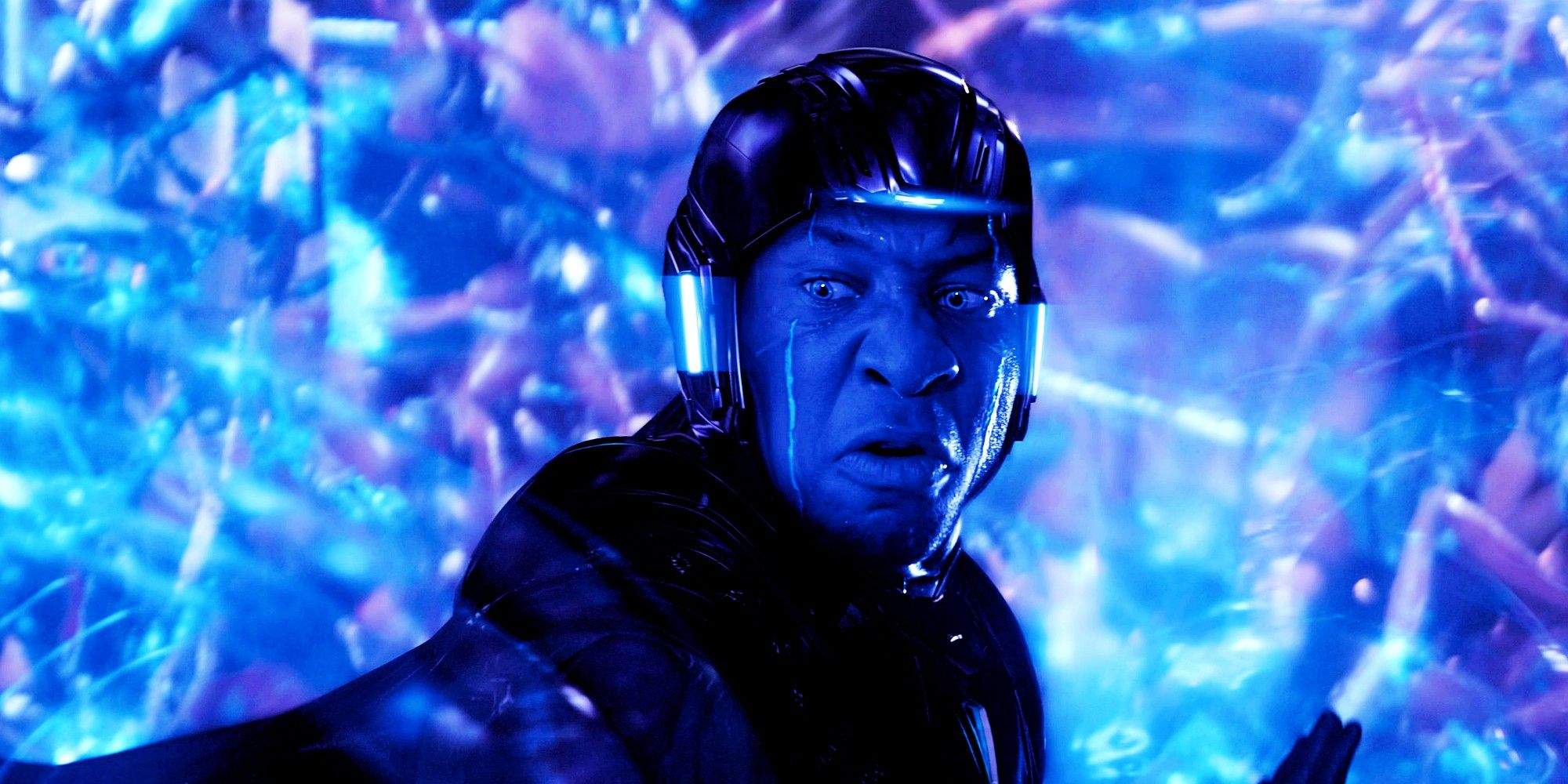 Jonathan Majors As Kang With Helmet On Looking Horrified In Ant-Man and the Wasp Quantumania