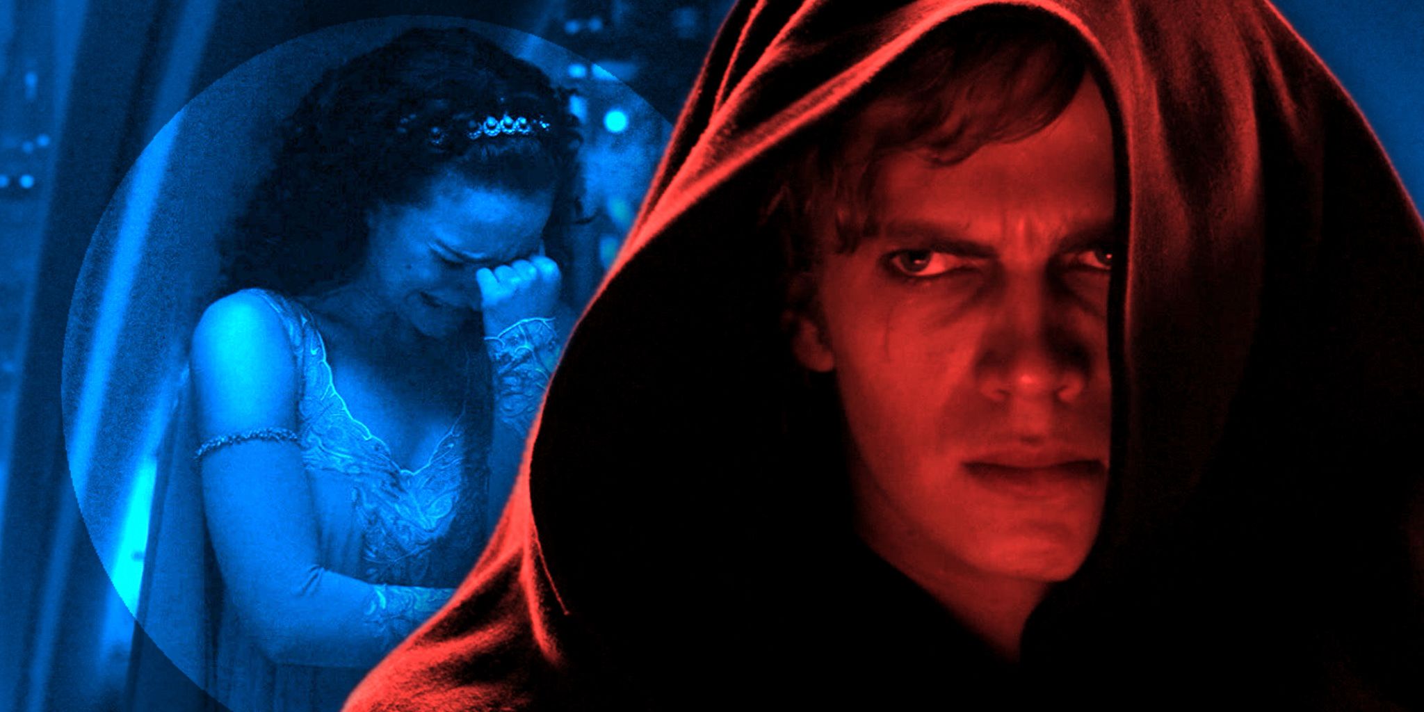 Hayden Christensen as fallen Anakin Skywalker colored red superimposed over Natalie Portman's Padme Amidala crying at the window
