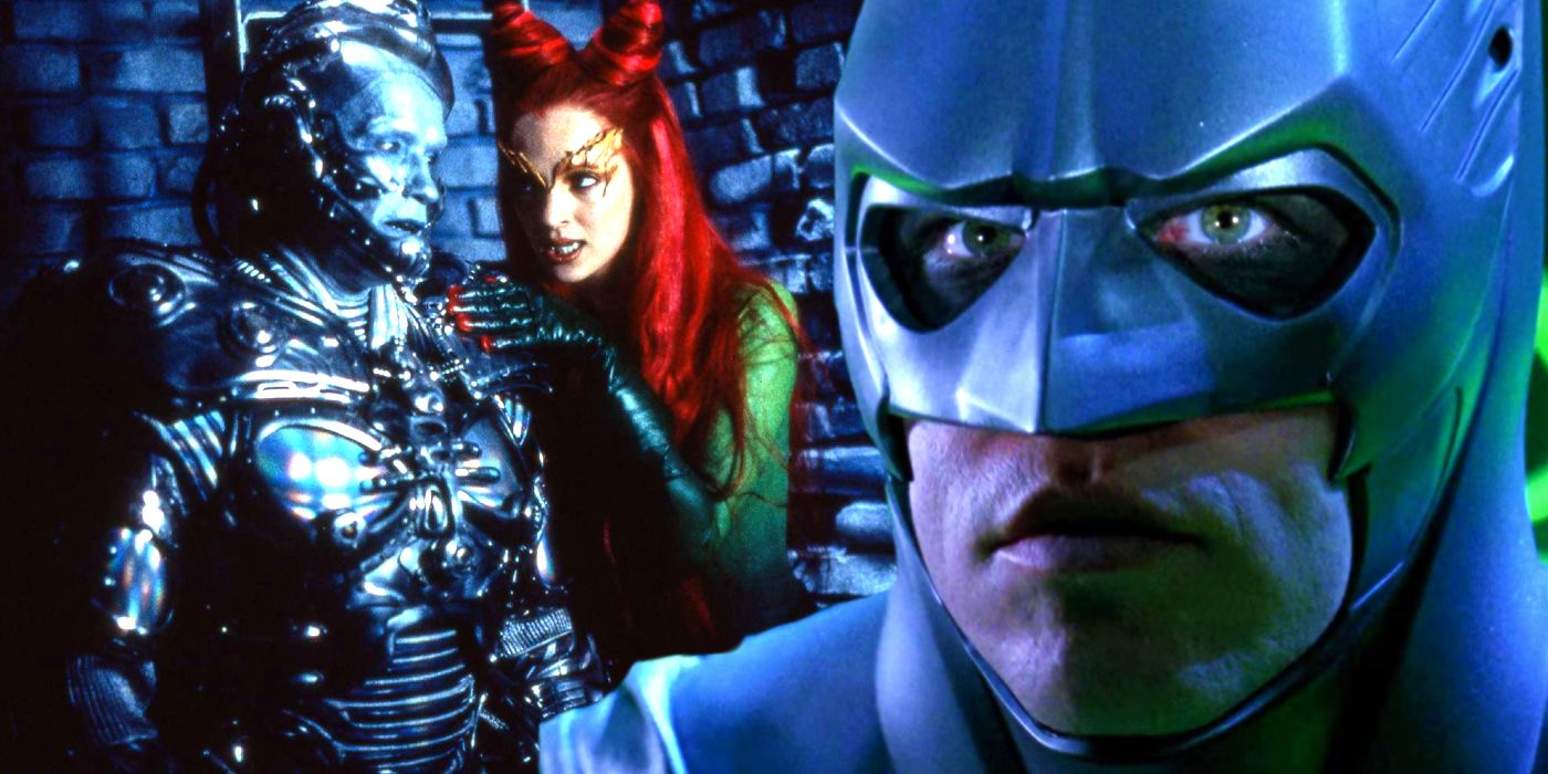 Split image of Arnold Schwarzenegger as Mr Freeze and Uma Thurman as Poison Ivy in Batman & Robin and Val Kilmer as Batman in Batman Forever