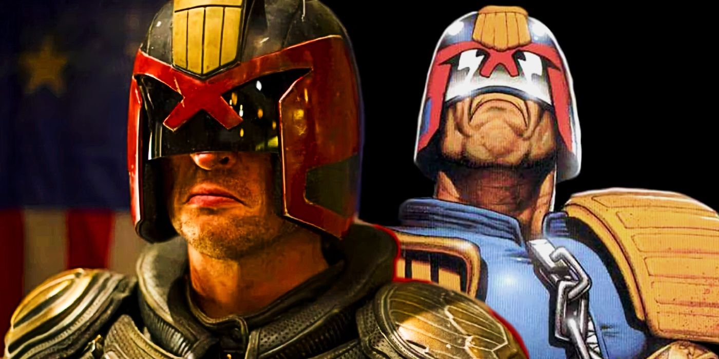 Karl Urban's Judge Dredd grimacing while his comic counterpart does the same next to him