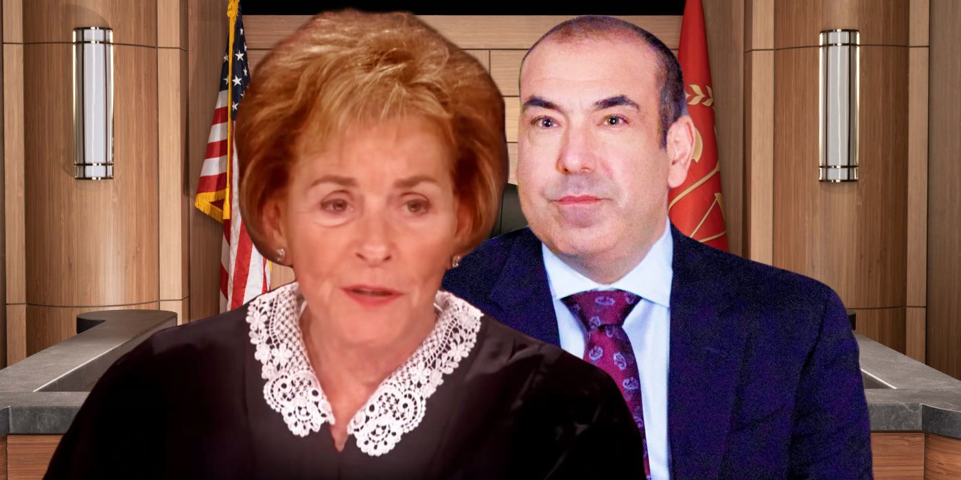 Judge Judy looking at Louis from Suits with the Jury Duty background