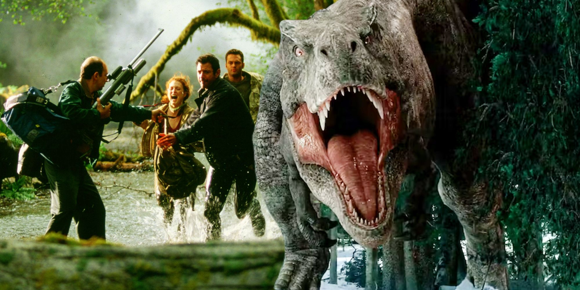 Cast of The Lost World: Jurassic Park next to dinosaur in Jurassic World Dominion