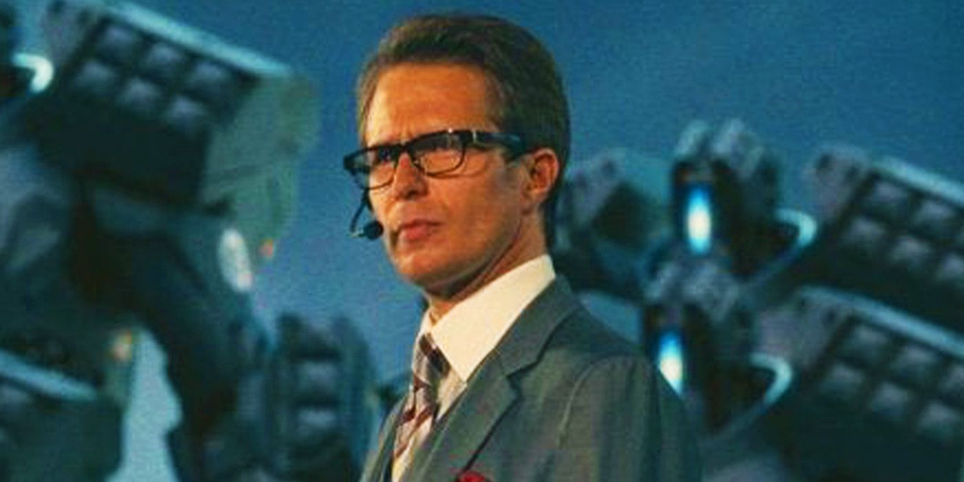 Justin Hammer squints with Hammer Drones in Iron Man 2