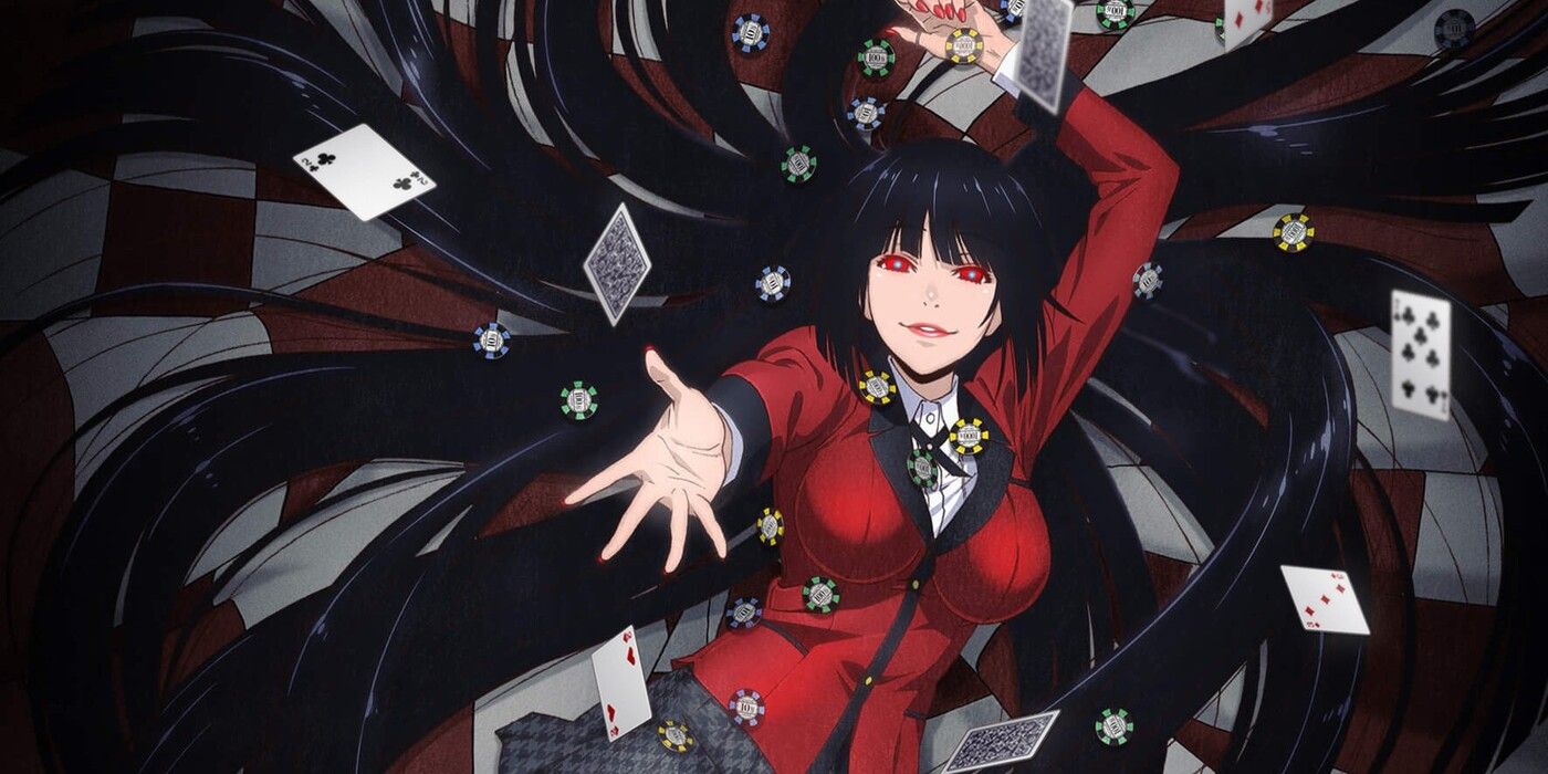 Kakegurui Yumeko Jabami holding out her hand while covered by playing cards and poker chips