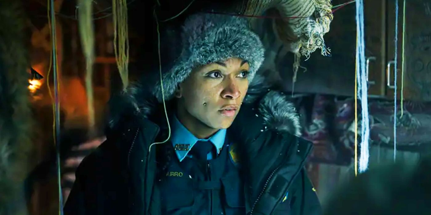 Kali Reis looking serious as Officer Navarro in True Detective: Night Country.