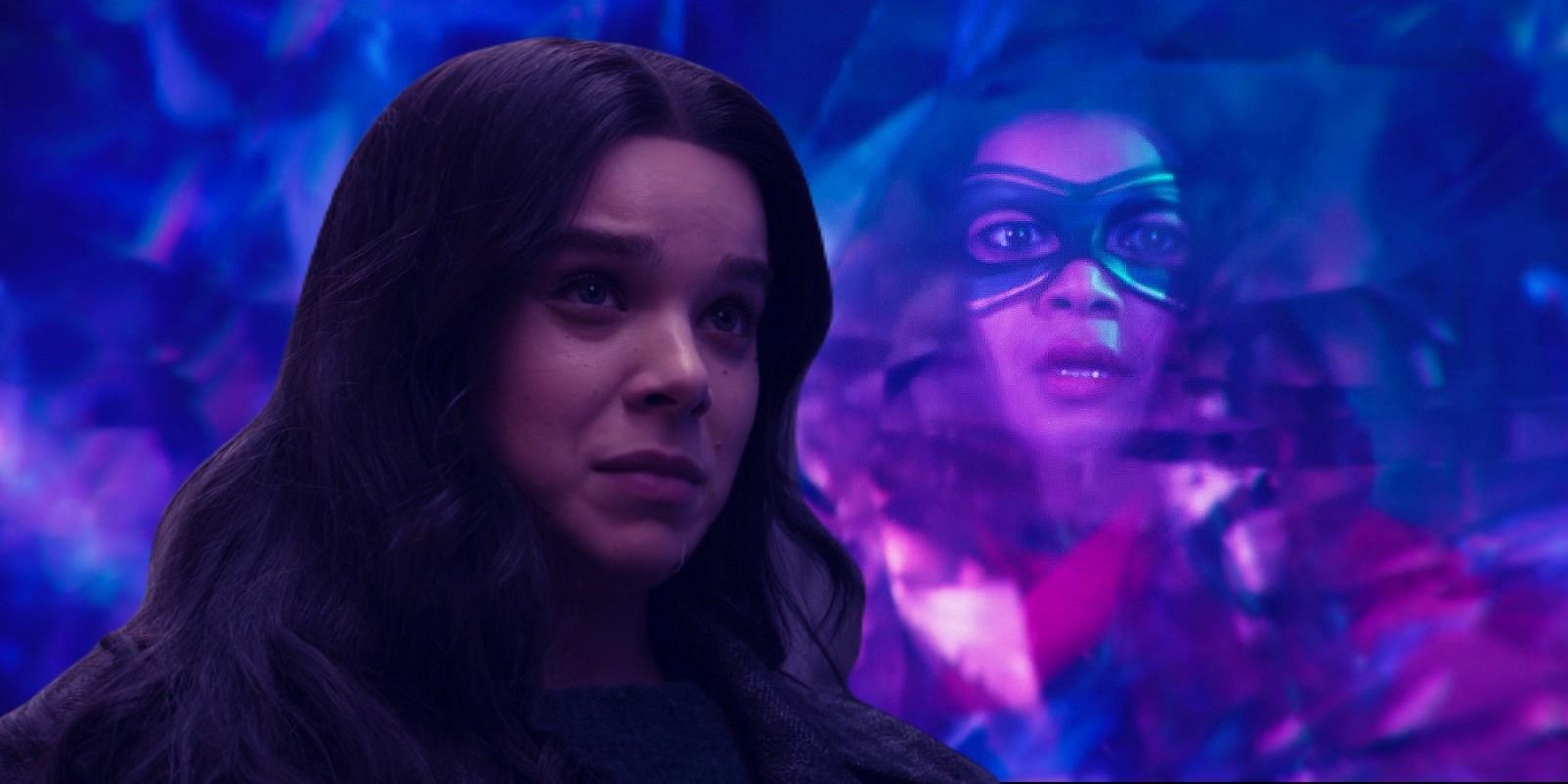 Kamala Khan as Ms Marvel looking surprised surrounded by her power and Kate Bishop in Hawkeye in the foreground looking on