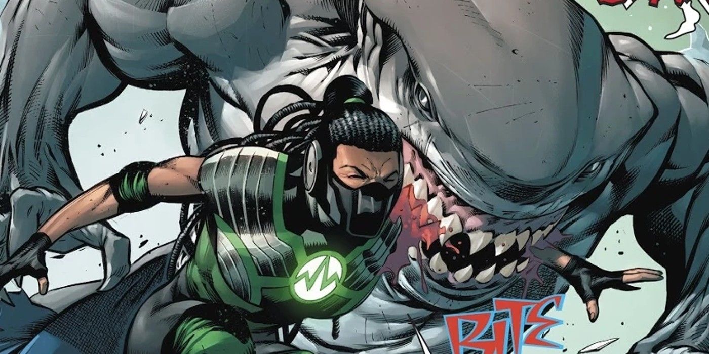 Karshon biting the arm of a Green Lantern in DC comics
