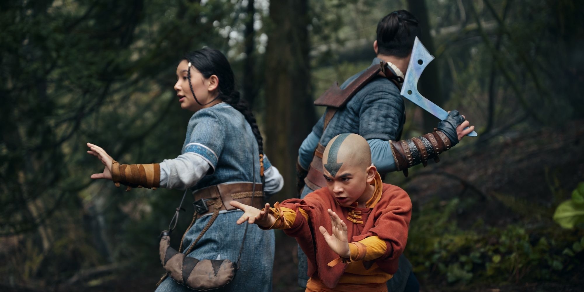 Katara, Sokka, and Aang take defensive positions in Avatar The Last Airbender series