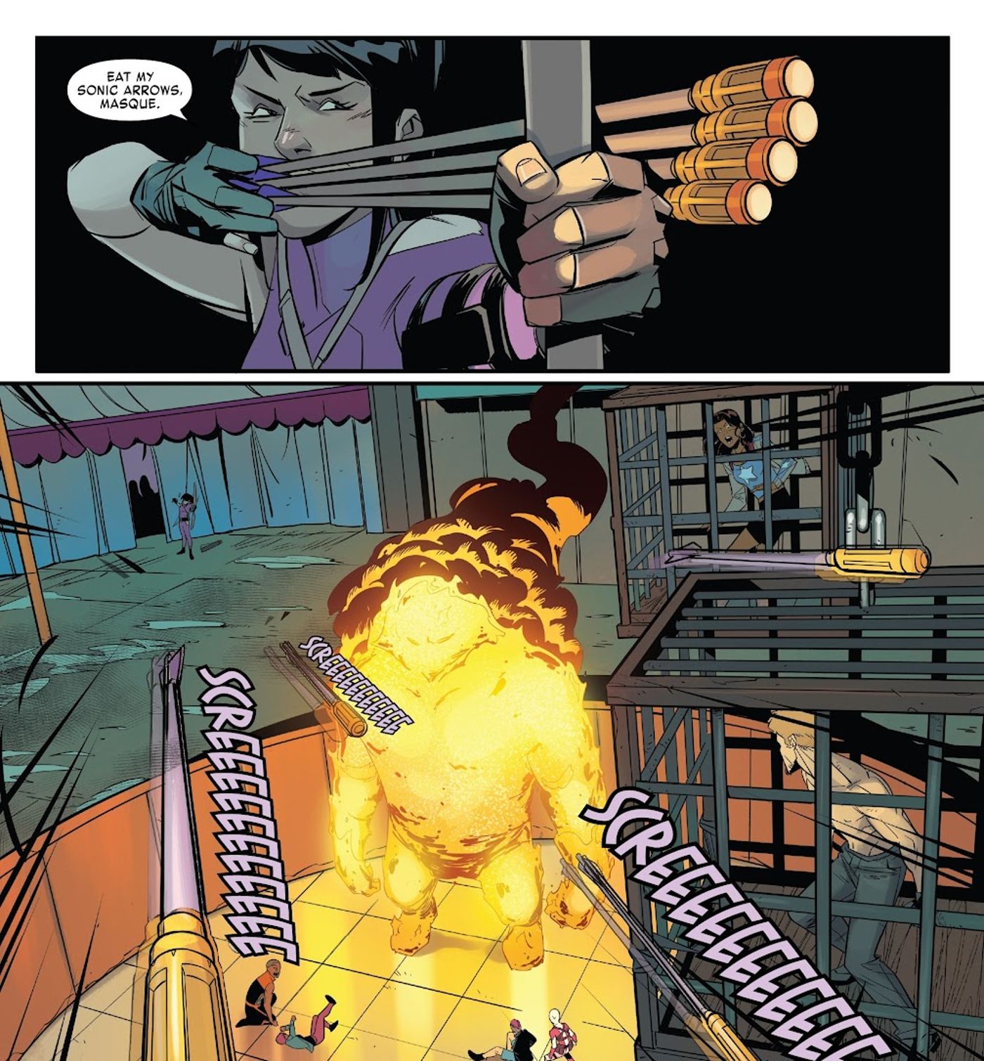 Hawkeye fires trick arrows. 