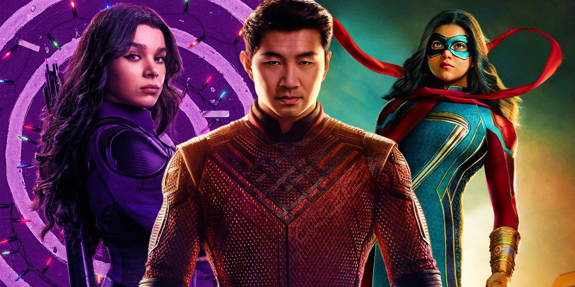 Hailee Steinfeld as Kate Bishop and Iman Vellani as Ms. Marvel either side of Simu Liu as Shang-Chi