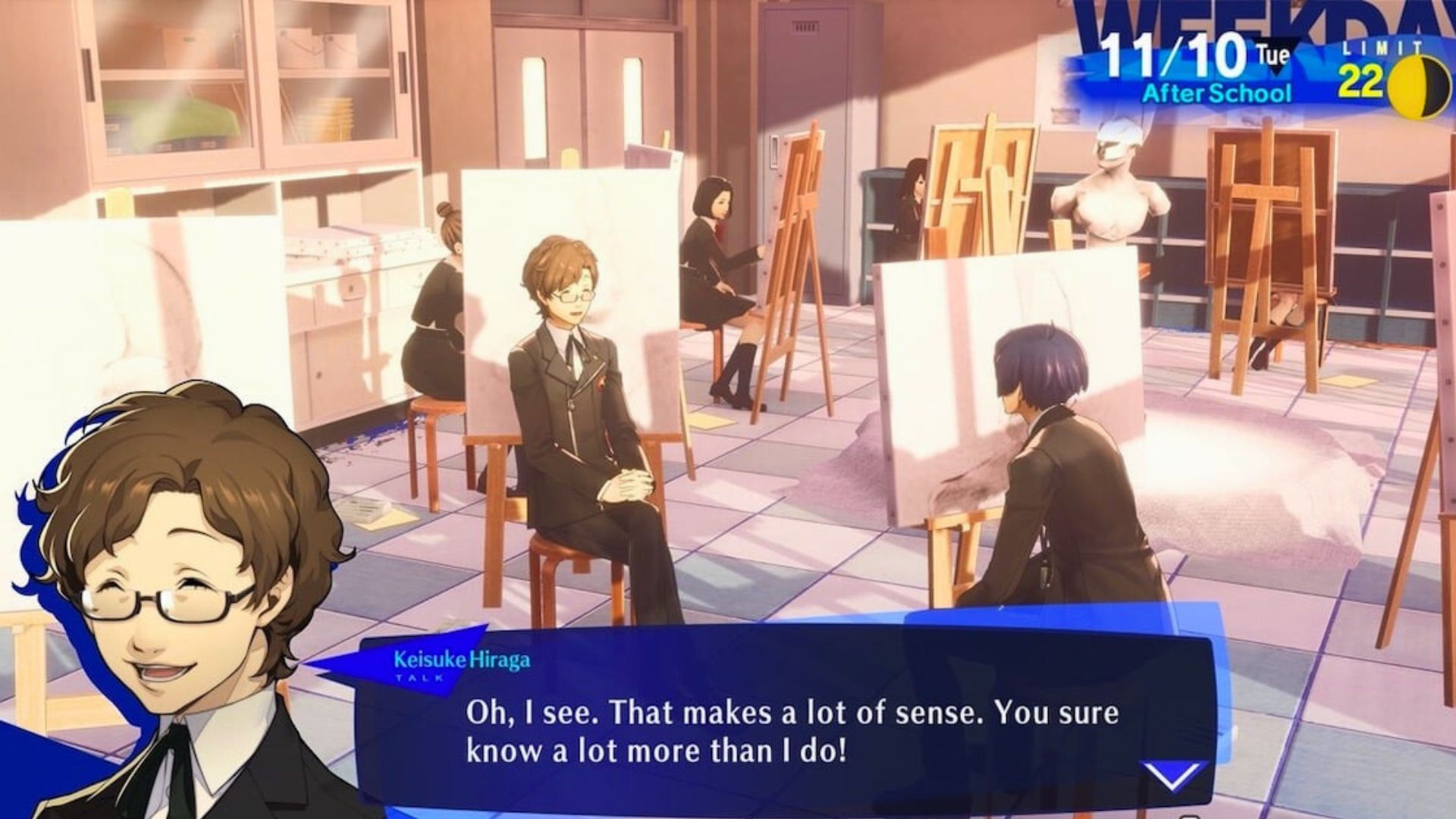 Keisuke speaking with Makoto in the Art Club surrounded by easels in Persona 3 Reload