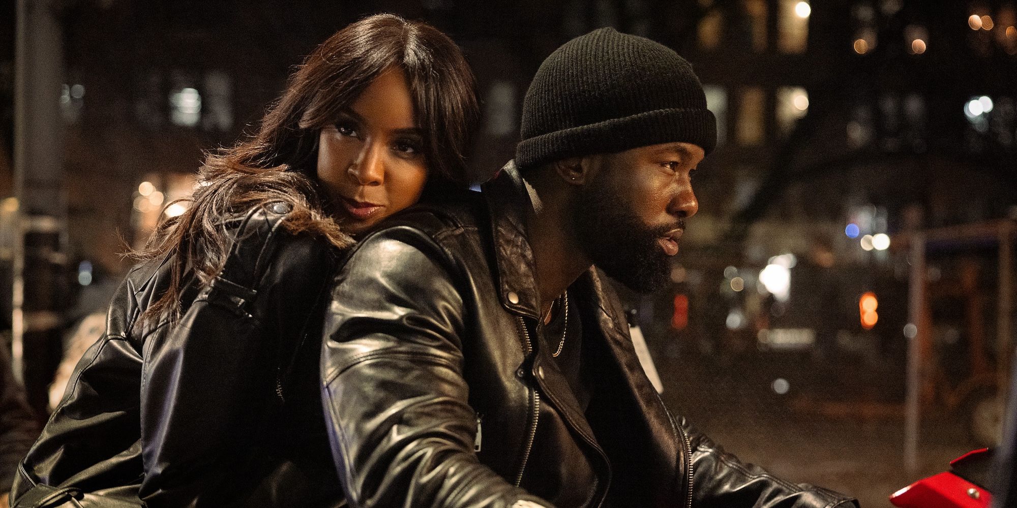 Kelly Rowland and Trevante Rhodes ride a motorcycle together in Mea Culpa