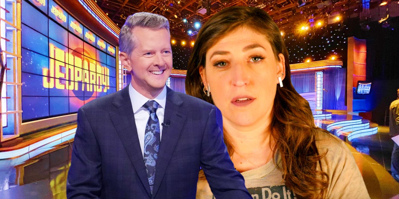 Ken Jennings and Mayim Bialk on the Jeopardy set