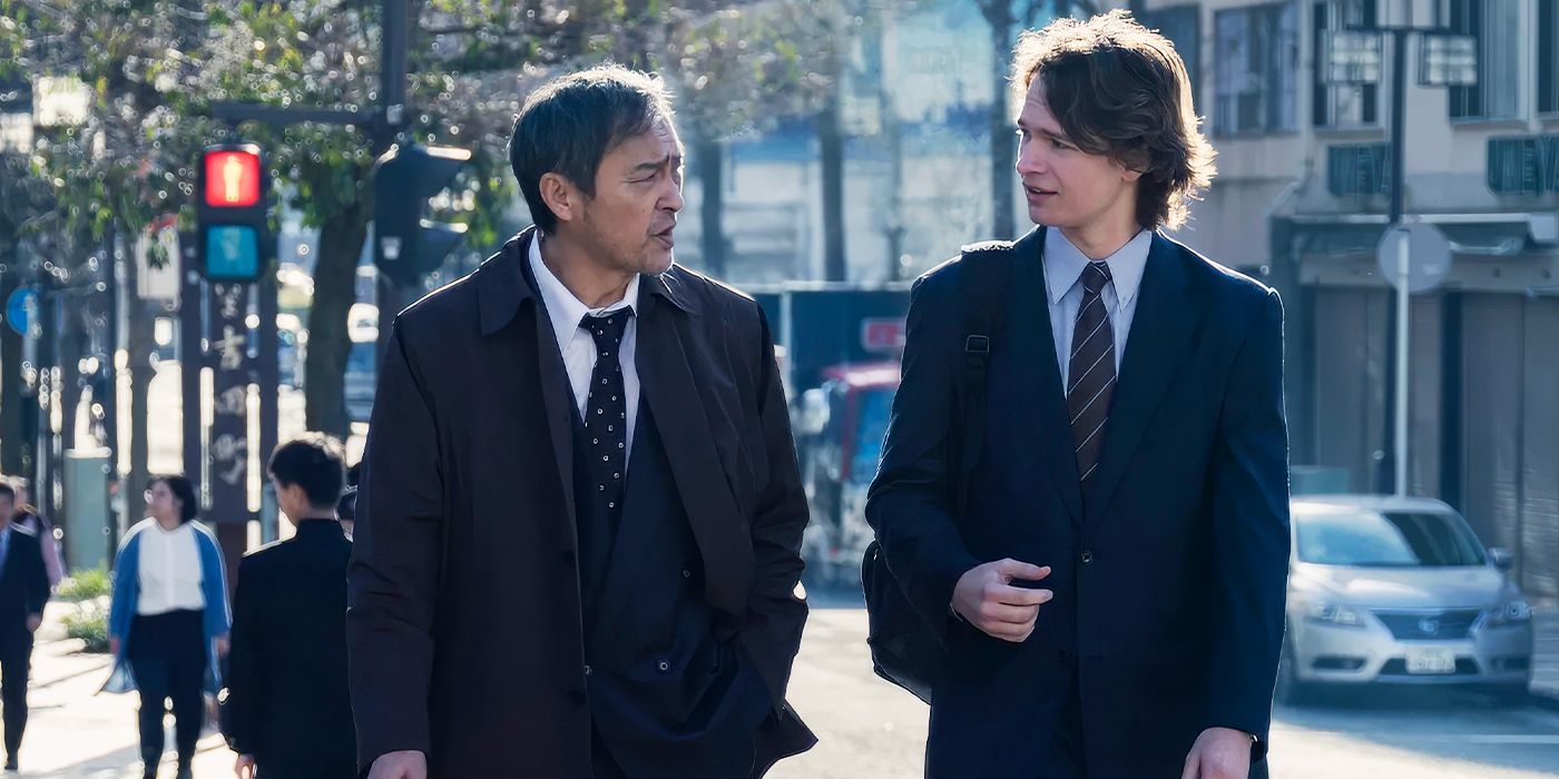 Ken Watanabe as Hiroto Katagiri and Ansel Elgort as Jake Adelstein from Tokyo Vice Season 2
