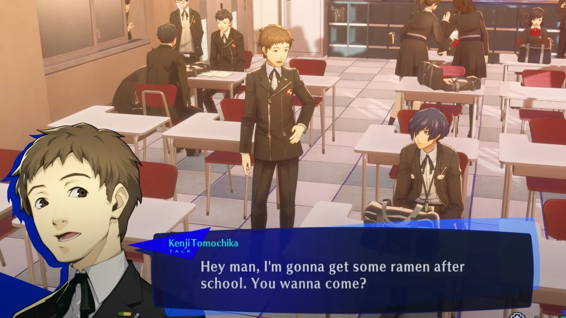 Kenji speaking with Makoto in Persona 3 Reload in the middle of a classroom