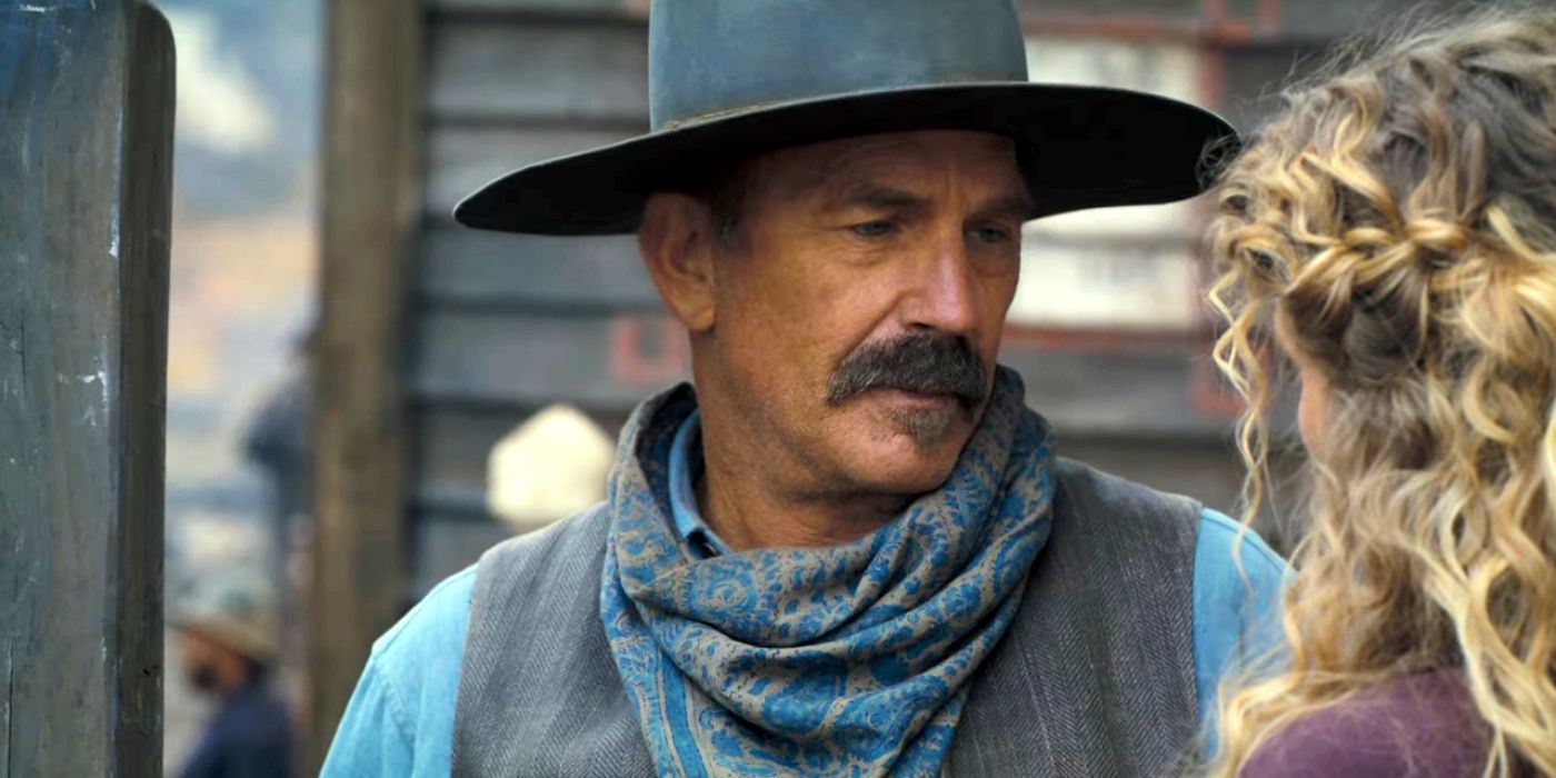 Kevin Costner usando chapéu de cowboy e lenço em Horizon: An American Saga