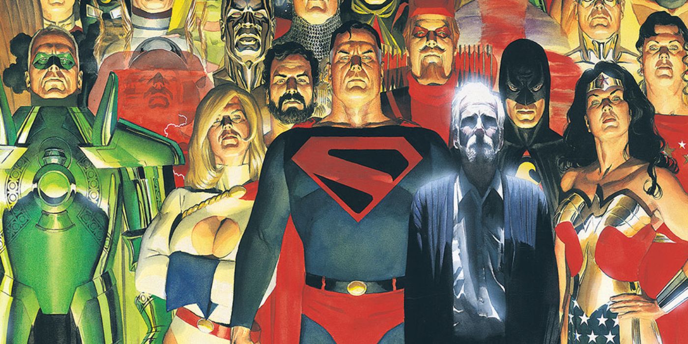 A lineup of DC heroes in Kingdom Come including Superman, Wonder Woman, and Green Lantern