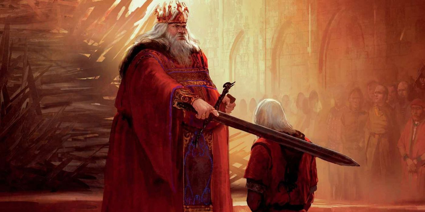 O Rei Aegon IV Targaryen reconhece Daemon Blackfyre na arte de O Mundo de Gelo e Fogo