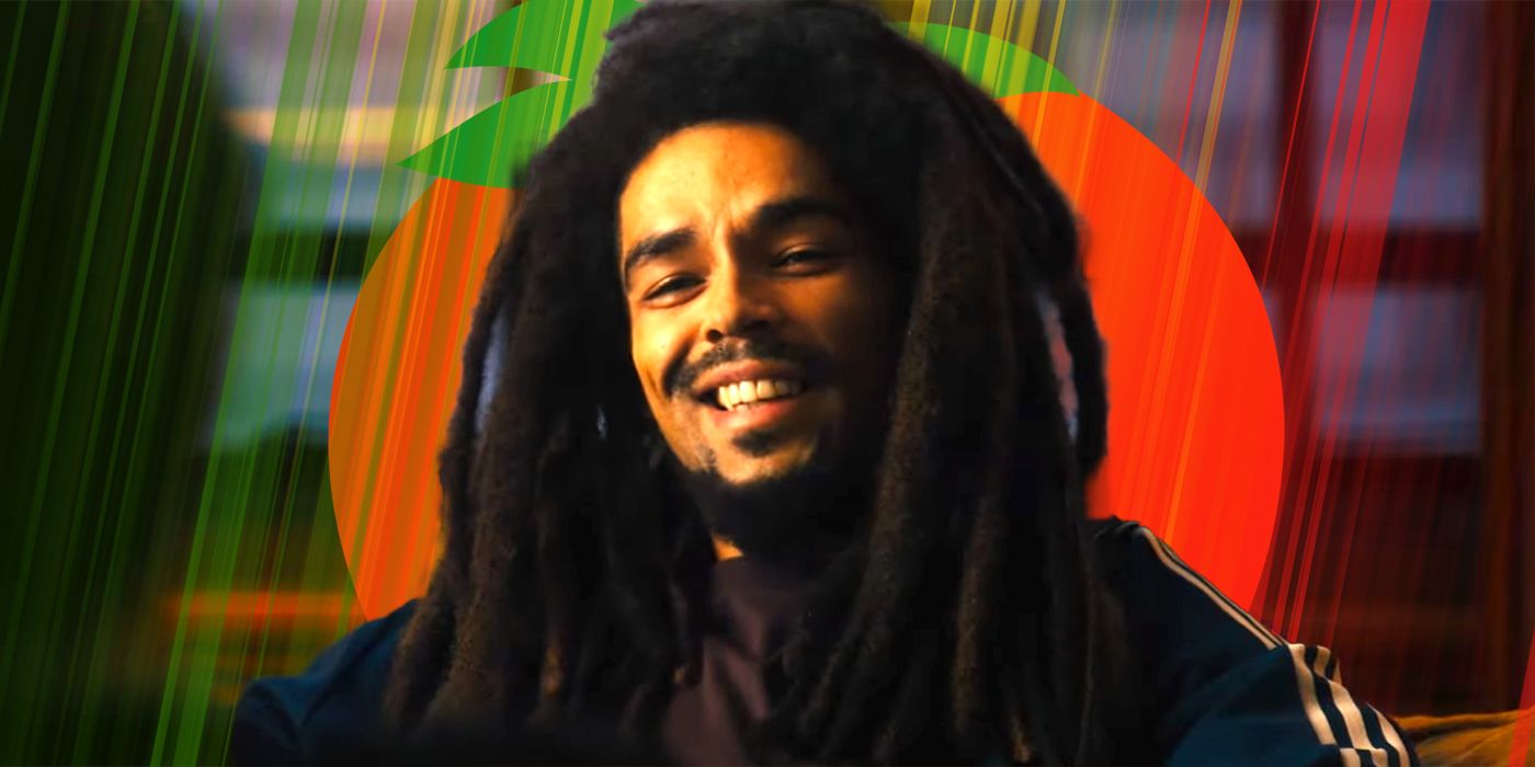 Kingsley Ben-Adir as Bob Marley smiling against Rotten Tomatoes Fresh backdrop