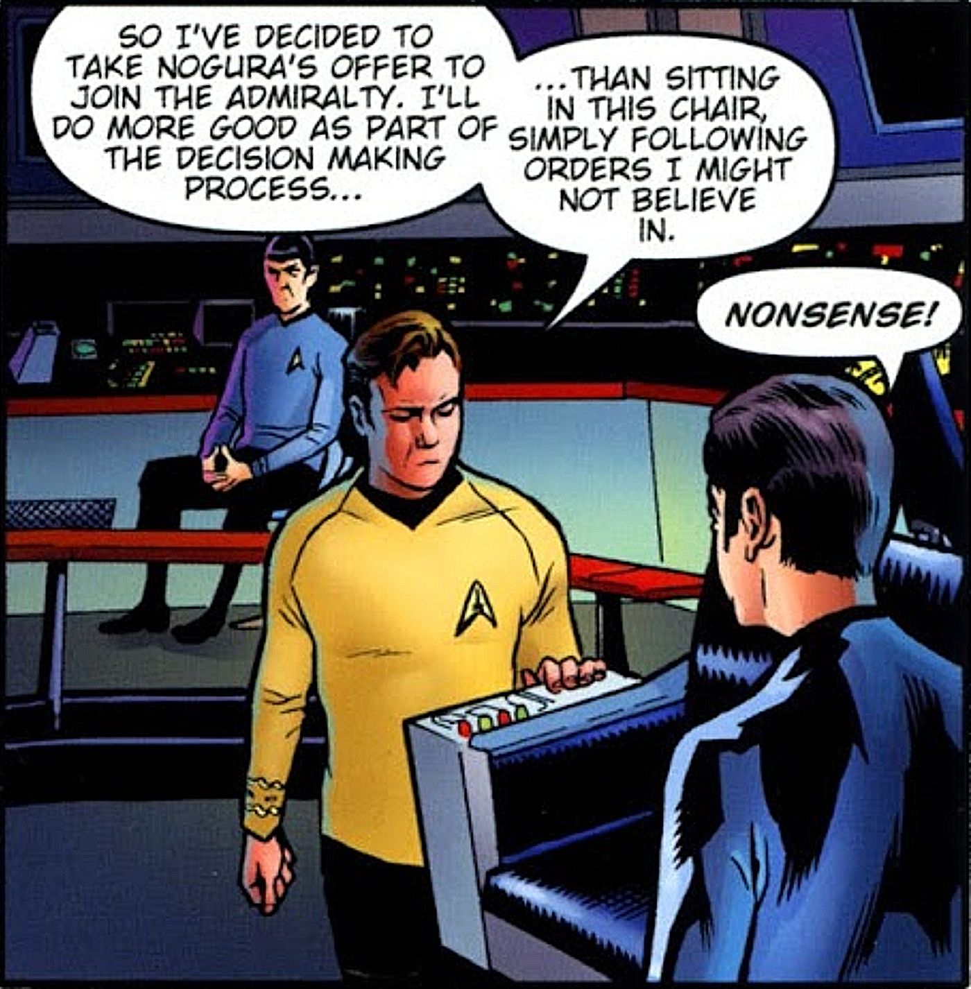 painel de Star Trek: Mission's End # 5, Kirk diz a McCoy e Spock que está sendo promovido a almirante