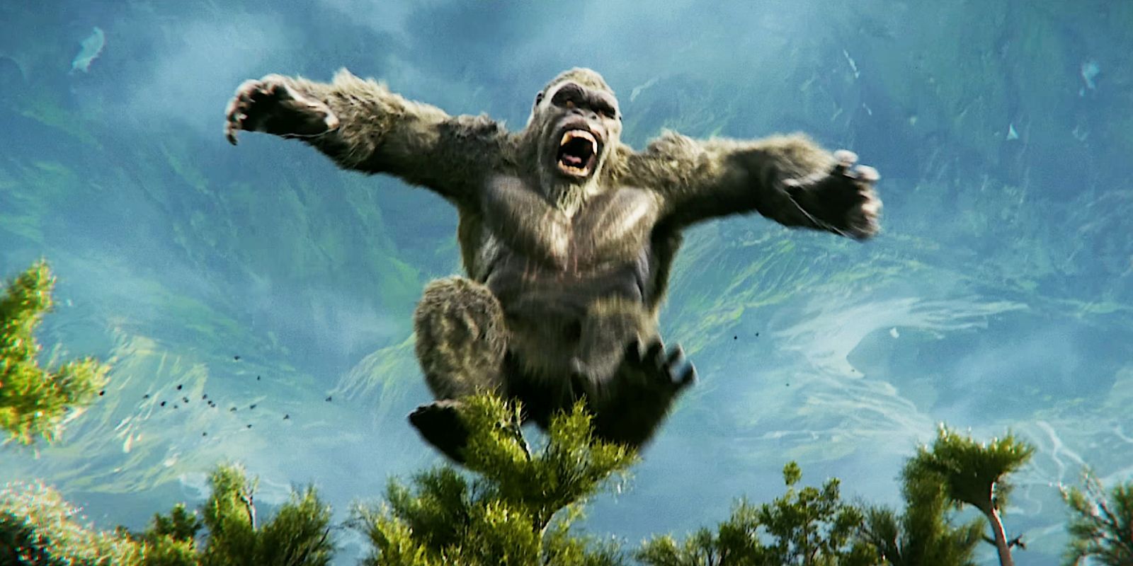 Kong leaping through the air in a jungle in Godzilla x Kong The New Empire
