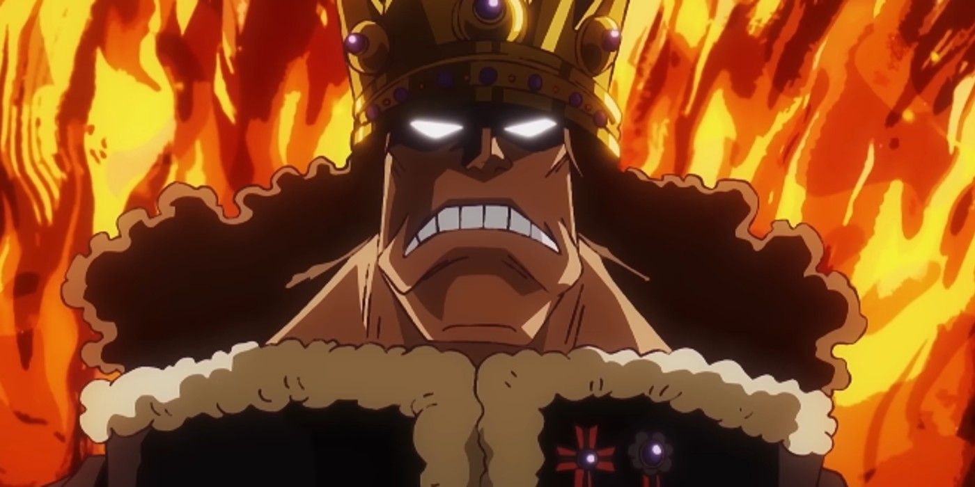 Kuma looking angry dressed as a king with flames behind him in One Piece