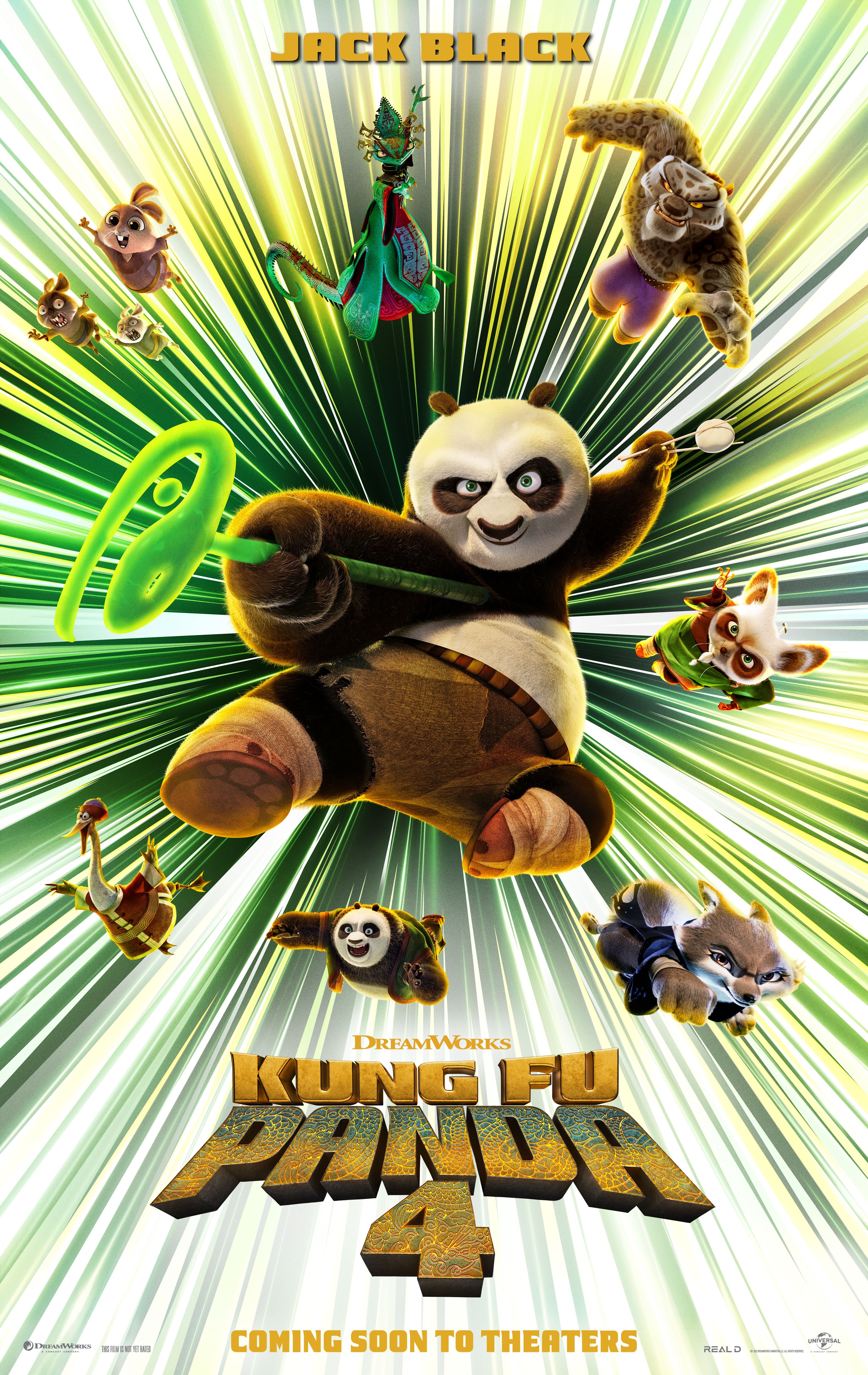 Póster de Kung Fu Panda 4 con Po y personajes secundarios volando por el aire