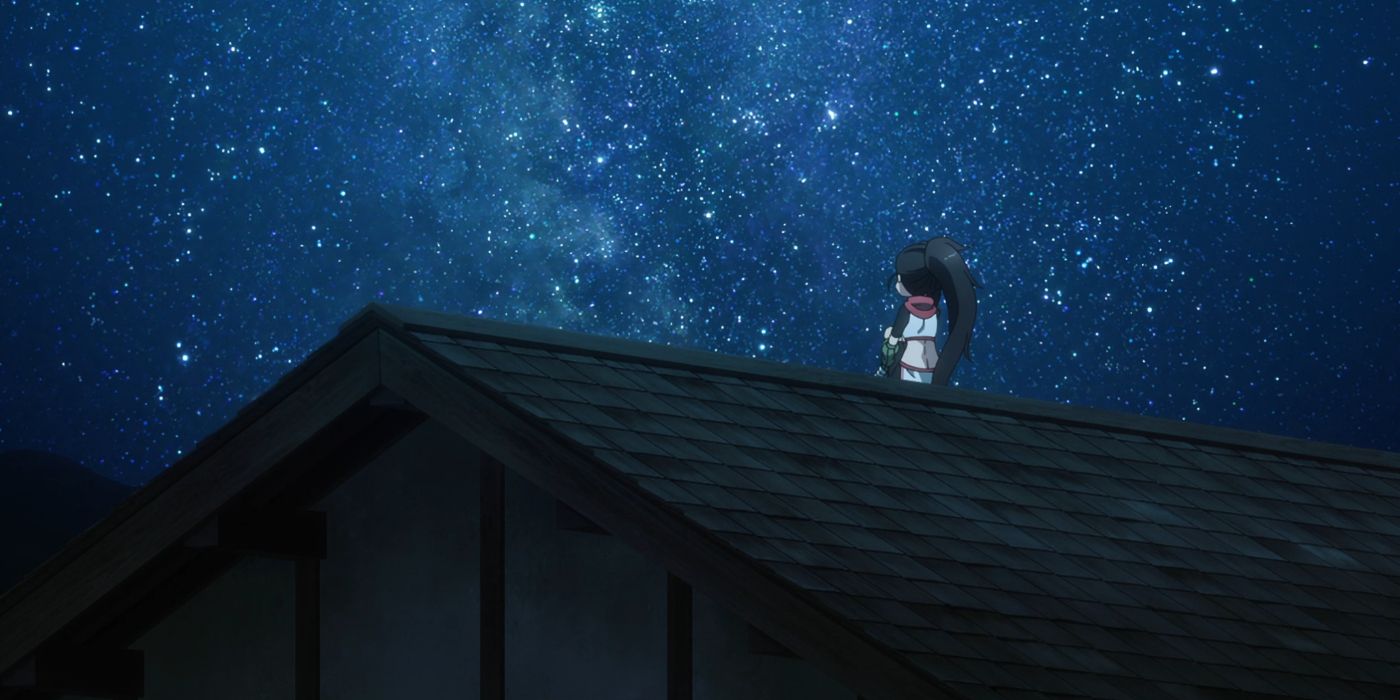 Kunoichi Tsubaki alone on roof looking at sky in In the Heart of Kunoichi Tsubaki
