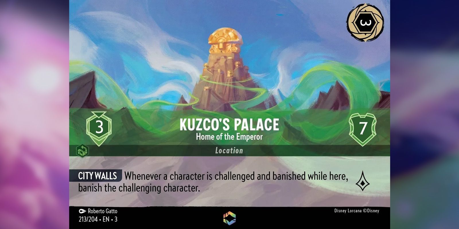 Palácio de Kuzco Casa do Imperador Disney Lorcana Cartão encantado representando o palácio de Kuzco no topo de uma montanha.