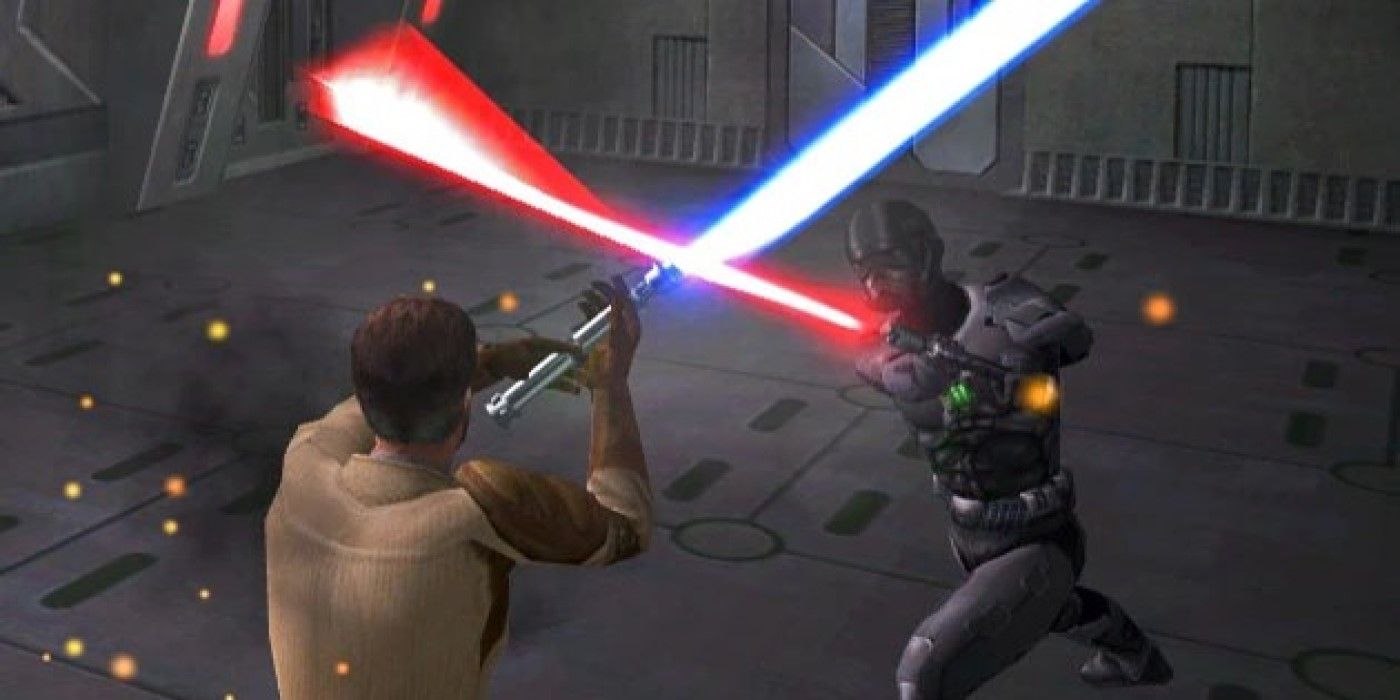 Kyle Katarn battles a Shadowtrooper in Star Wars Jedi Outcast.