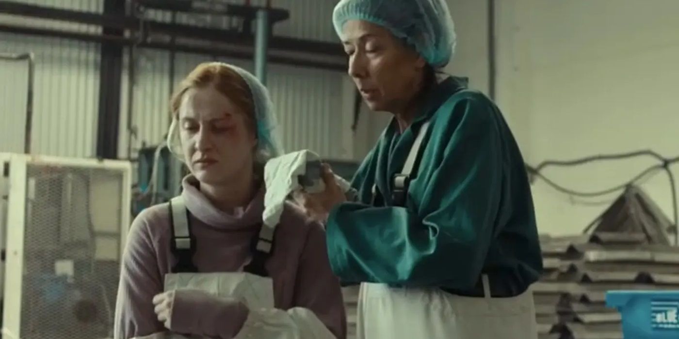Bee cleaning Blair's wounds in True Detective: Night Country