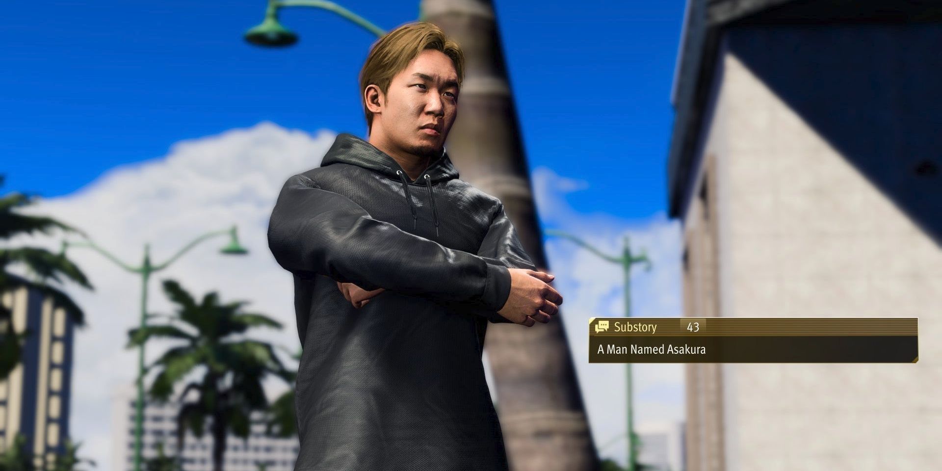 Asakura scowls with crossed arms in a screenshot from Like a Dragon: Infinite Wealth.